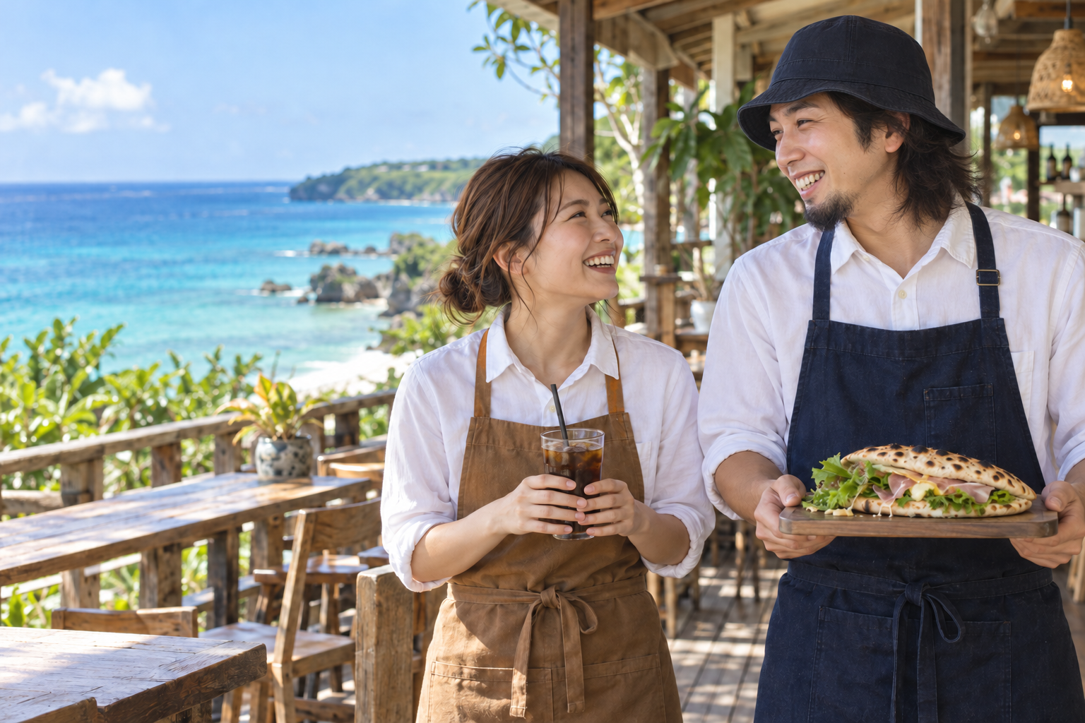 海辺のカフェでコーヒーとサンドを用意するスタッフのイメージ